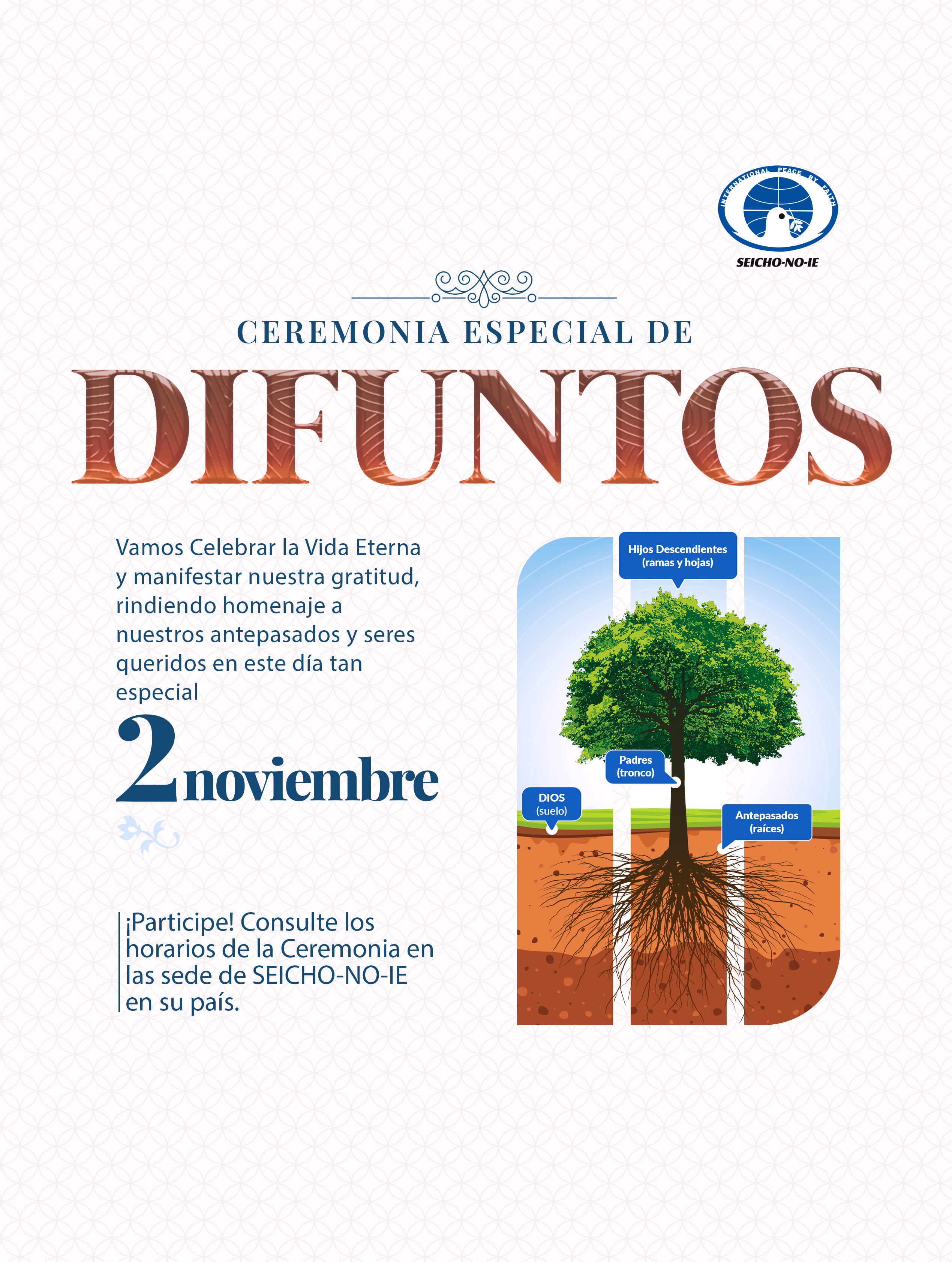 Finados 2025 RGB Ceremonia Especial de Difuntos Se acerca el Día de los Finados, día en que es tradición que visitemos la tumba de nuestros antepasados y seres queridos fallecidos. Ofrecemos flores, limpiamos la tumba, prendemos velas e inciensos como formas de demonstrar nuestro amor y cariño. Es día de recordar con amor y gratitud a aquellos que amamos y ya no están más entre nosotros.