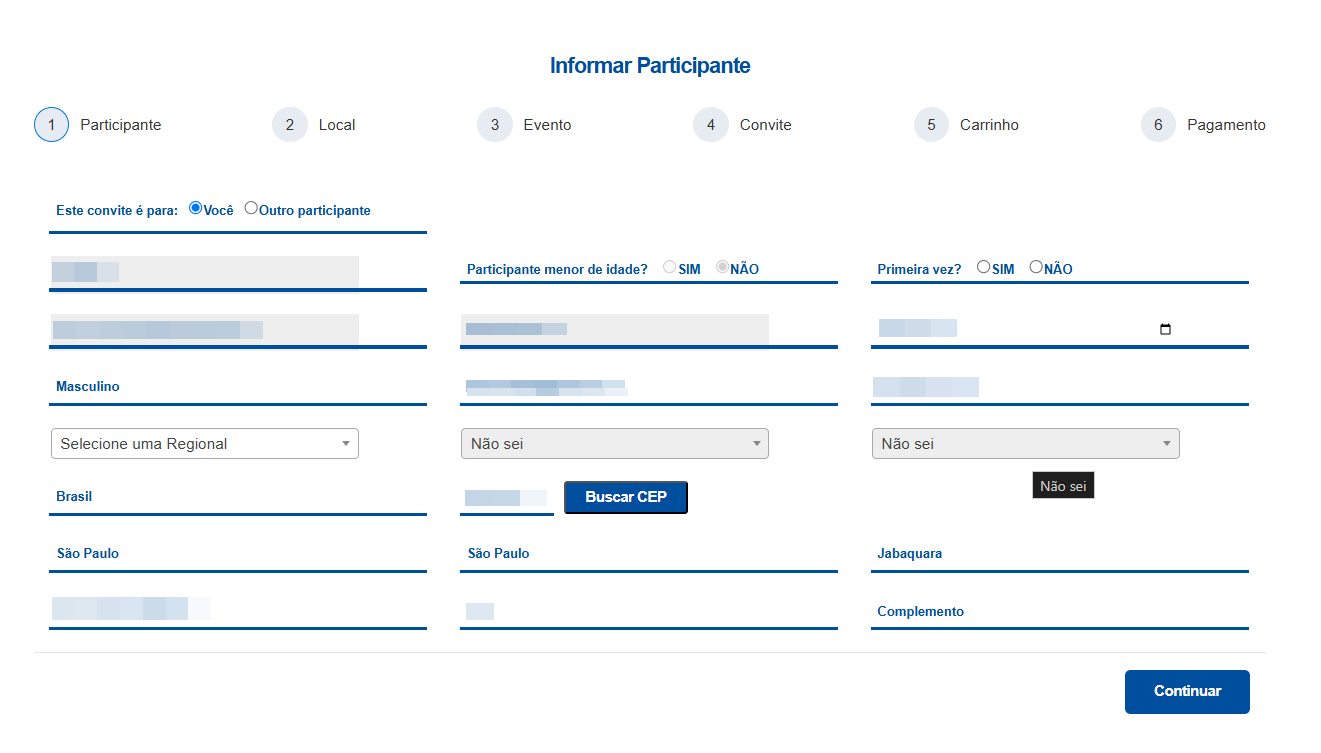 Como informar participante durante a compra pagamento de um evento da Seicho-No-Ie