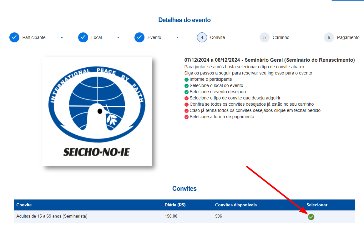 Como selecionar o convite que você escolheu durante a compra pagamento de um evento da Seicho-No-Ie