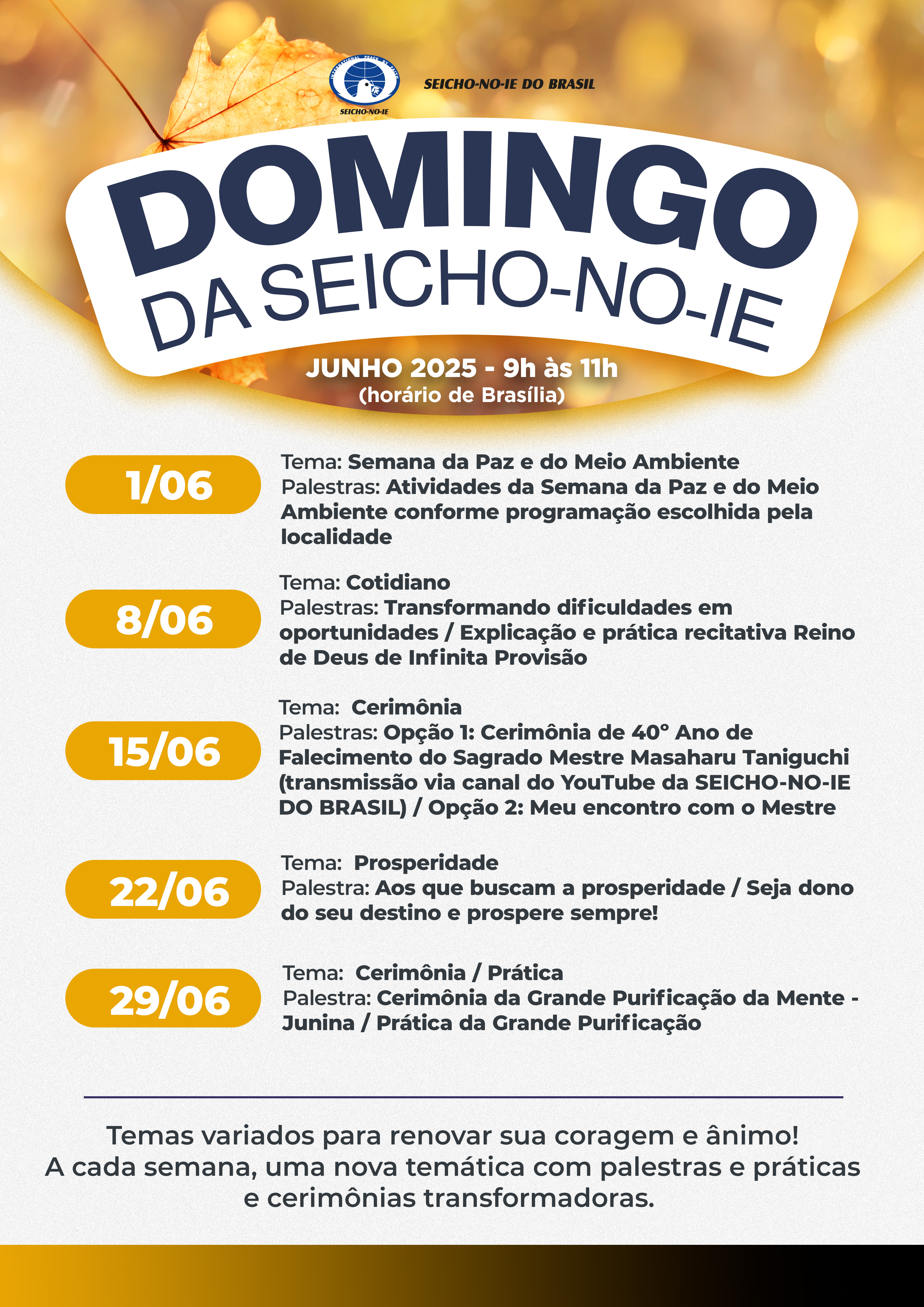 DSNI A3 junho 2025 Site Domingo da Seicho-No-Ie A reunião de domingo é tradicional na Seicho-No-Ie! Ela é aberta a todos os públicos, desde aqueles que desejam conhecer até os mais veteranos, e de todas as idades.