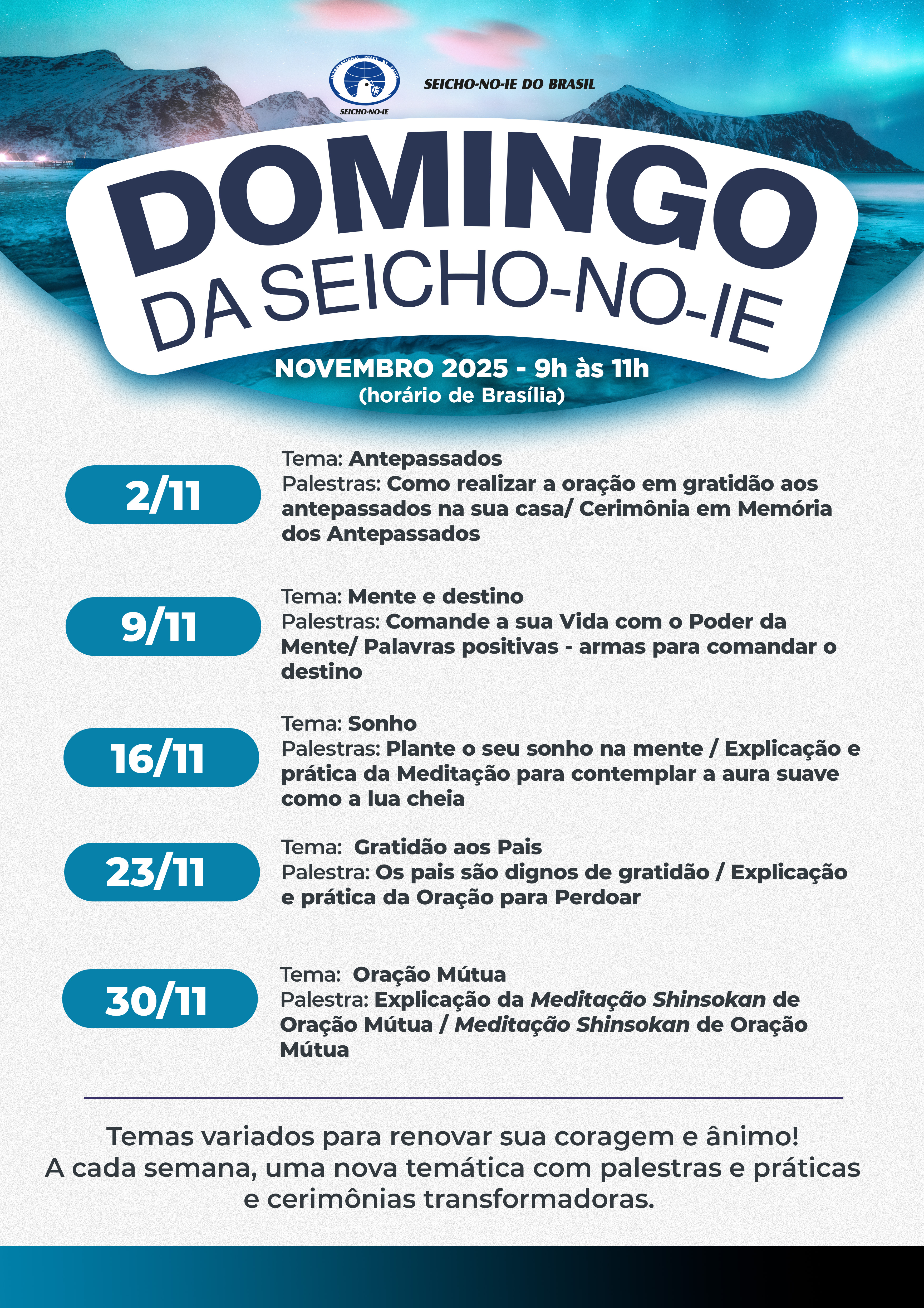 DSNI SITE novembro 2025 Domingo da Seicho-No-Ie A reunião de domingo é tradicional na Seicho-No-Ie! Ela é aberta a todos os públicos, desde aqueles que desejam conhecer até os mais veteranos, e de todas as idades.